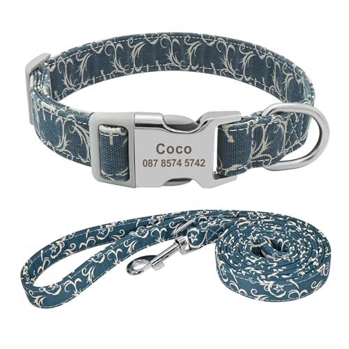 Hundehalsband Leine Personalisiert Benutzerdefiniertes Nylon Hundehalsband Leine Name ID Tag Halsband(Blue 8 Set,M) von HBJzxlOK
