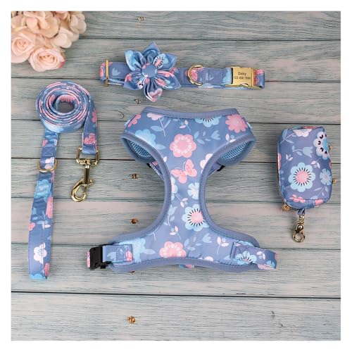 Hundehalsband-Leine-Set mit Kotbeutelhalter, Blumendruck, individuelles Haustierhalsband, Weste, Leine(4 Products Purple,M) von HBJzxlOK