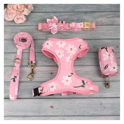 Hundehalsband-Leine-Set mit Kotbeutelhalter, Blumendruck, individuelles Haustierhalsband, Weste, Leine(4 Products pink,L) von HBJzxlOK