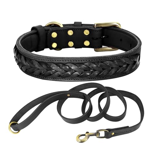 Rindsleder Hundehalsband Leine Echtleder Halsband Leine Geflochtenes Haustierhalsband(Black Set,M) von HBJzxlOK