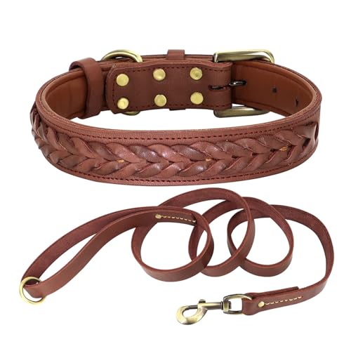 Rindsleder Hundehalsband Leine Echtleder Halsband Leine Geflochtenes Haustierhalsband(Brown Set,M) von HBJzxlOK