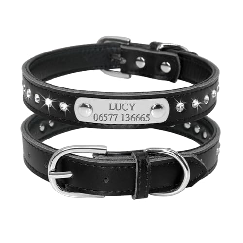Hundehalsband aus Leder, verstellbar, gepolstert, Strass, personalisierbar, Hunde-ID-Halsband, Gravur(Noir,S) von HBJzxlOK
