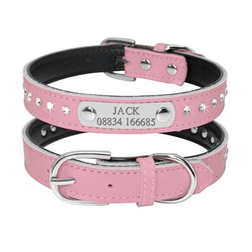 Hundehalsband aus Leder, verstellbar, gepolstert, Strass, personalisierbar, Hunde-ID-Halsband, Gravur(Red 5,M) von HBJzxlOK