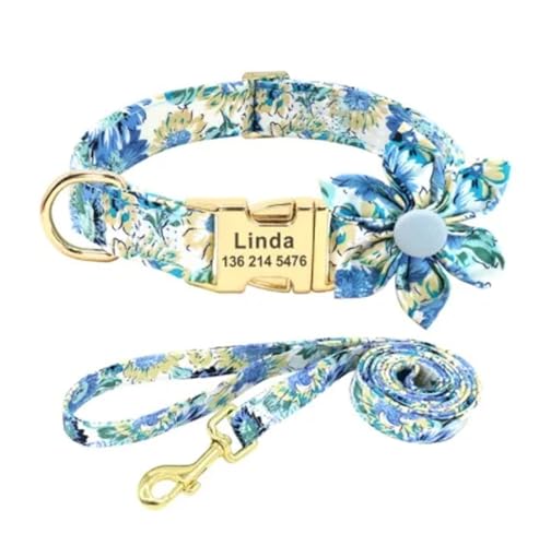Hundehalsband mit Blumendruck, Nylon, Blumenmuster, individuelles Hundehalsband, Welpenhalsband, personalisierter Name(Blue Set,S) von HBJzxlOK