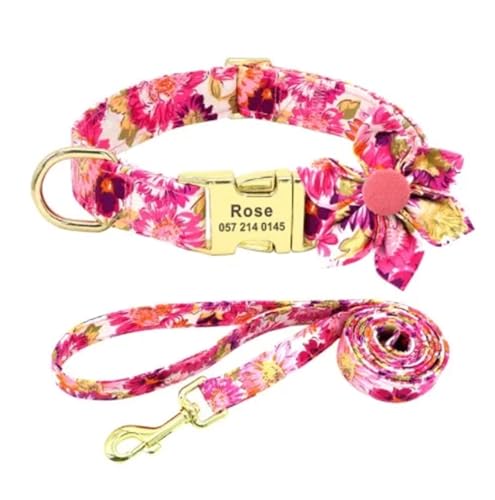 Hundehalsband mit Blumendruck, Nylon, Blumenmuster, individuelles Hundehalsband, Welpenhalsband, personalisierter Name(Rose Set,L) von HBJzxlOK