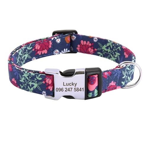Hundehalsband mit Blumendruck, Nylon, graviert, Namensschild, personalisiertes Hundehalsband(Noir,S) von HBJzxlOK