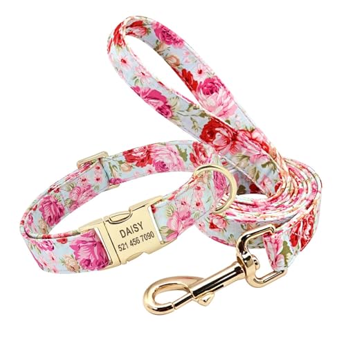 Hundehalsband mit Leine und Blumenmuster, individuelles Hundehalsband aus Nylon mit Blumenmuster und Snacktasche(Pink Collar Leash,S) Hundehalsband mit Leine und Blumenmuster, individuelles Hundehalsband aus Nylon mit Blumenmuster und Snacktasche(Pink Collar Leash,S) von HBJzxlOK