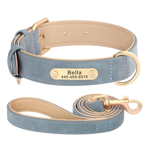 Hundehalsband mit individueller Gravur und Leine, weiches PU-Leder-Hundehalsband und Leine, personalisiertes Hunde-ID-Halsband(Blue,L) von HBJzxlOK