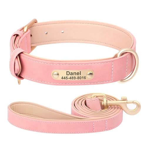 Hundehalsband mit individueller Gravur und Leine, weiches PU-Leder-Hundehalsband und Leine, personalisiertes Hunde-ID-Halsband(Red 5,S) von HBJzxlOK