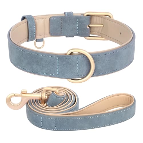 Hundehalsband und Leine aus Leder, Set aus weichem Leder, gepolstert, verstellbare Halskette(Blue Set,L) von HBJzxlOK