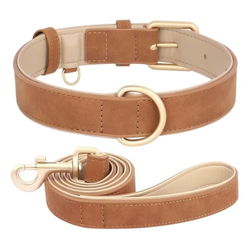 Hundehalsband und Leine aus Leder, Set aus weichem Leder, gepolstert, verstellbare Halskette(Brown Set,XL) von HBJzxlOK