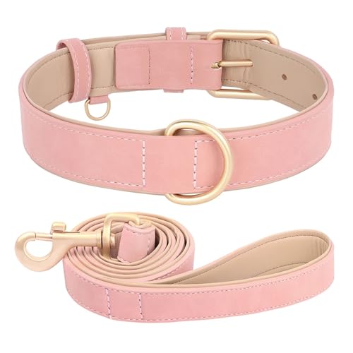 Hundehalsband und Leine aus Leder, Set aus weichem Leder, gepolstert, verstellbare Halskette(Pink Set,XL) von HBJzxlOK