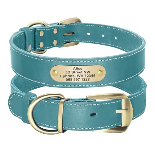 Hundehalsband aus Leder für Bulldoggen, personalisierbar, graviert, Haustier-ID-Halskette, verstellbar(Blue,XL) von HBJzxlOK