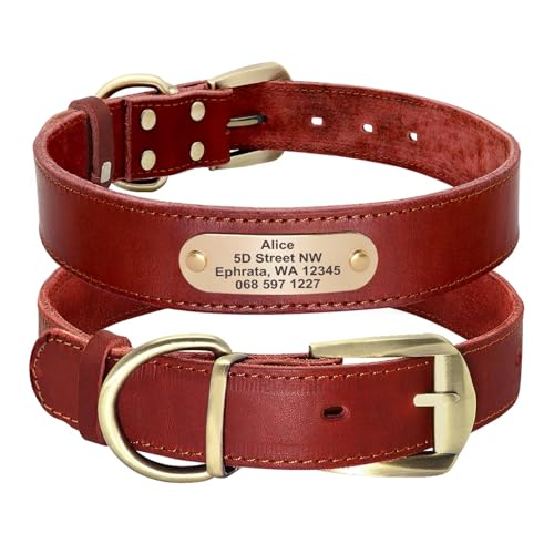 Hundehalsband aus Leder für Bulldoggen, personalisierbar, graviert, Haustier-ID-Halskette, verstellbar(Red Brown,S) von HBJzxlOK