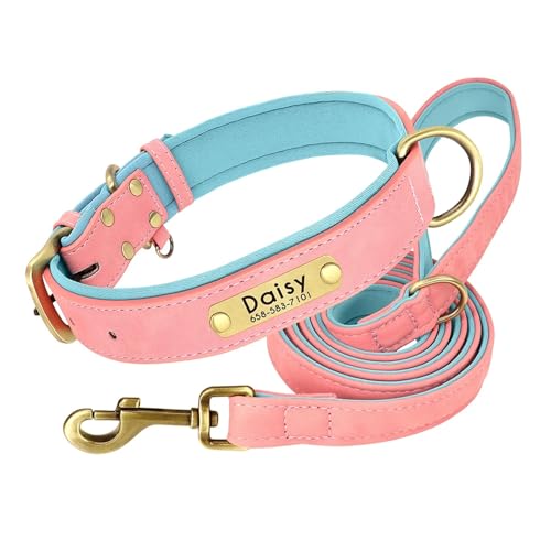 Individuelles Hundehalsband- und Leinenset aus Leder, verdicktes Lederhalsband(Pink Set,XL) von HBJzxlOK