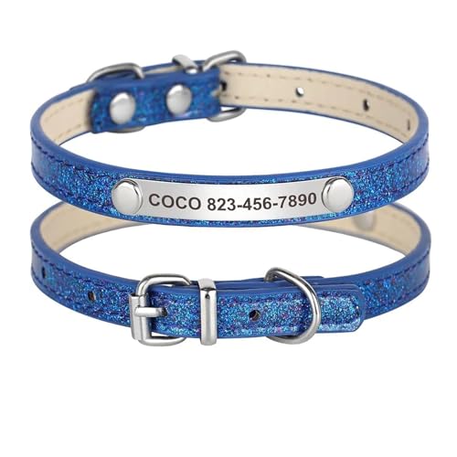 Individuelles Katzenhalsband, glänzendes Lederhalsband für Katzen, personalisierte gravierte Halskette mit graviertem ID-Schild(Blue,M) von HBJzxlOK