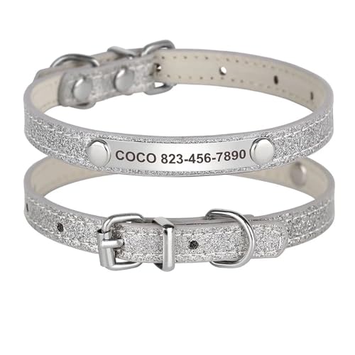 Individuelles Katzenhalsband, glänzendes Lederhalsband für Katzen, personalisierte gravierte Halskette mit graviertem ID-Schild(Blue 3,S) von HBJzxlOK