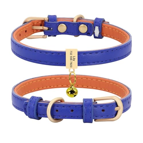 Personalisiertes Katzenhalsband aus Leder, personalisiertes Hundehalsband, graviertes Katzenhalsband, verstellbar(Dark Blue Block,XS) von HBJzxlOK
