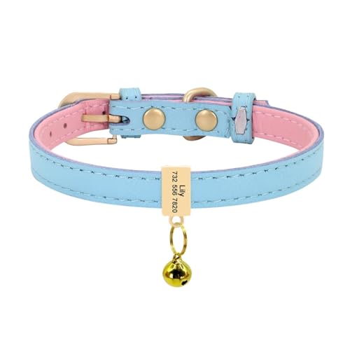 Personalisiertes Katzenhalsband aus Leder, personalisiertes Hundehalsband, graviertes Katzenhalsband, verstellbar(Light Blue Block,XS) von HBJzxlOK