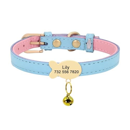 Personalisiertes Katzenhalsband aus Leder, personalisiertes Hundehalsband, graviertes Katzenhalsband, verstellbar(Light Blue Fish,XS) von HBJzxlOK