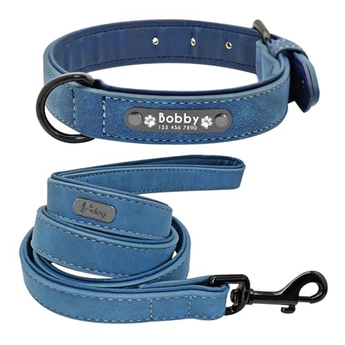 Leder Hundehalsband Leine Set personalisierte weiche Hundehalsband Leine Polsterung(Blue,S) von HBJzxlOK