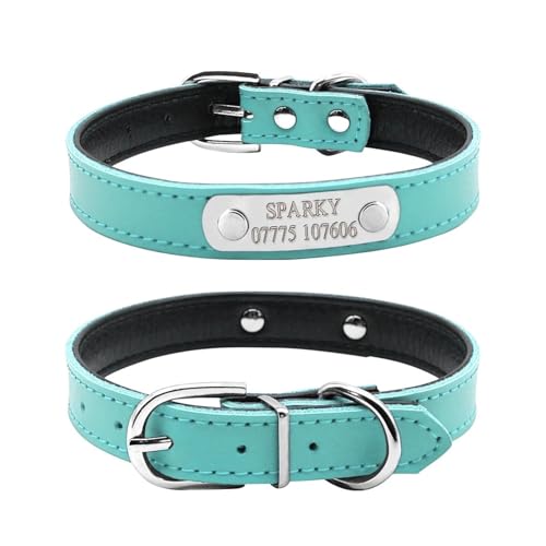 Leder Personalisiertes Hundehalsband Benutzerdefiniertes Katzen-Haustier-Namens-ID-Halsband Gravur(Blue,M fit Neck 32to39cm) von HBJzxlOK