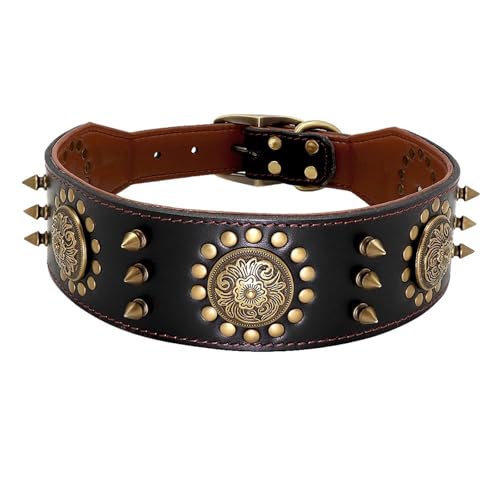 Großes Hundehalsband aus Leder mit Spike-Halsband. Haustierhalsband aus echtem Leder(Noir,XL) von HBJzxlOK