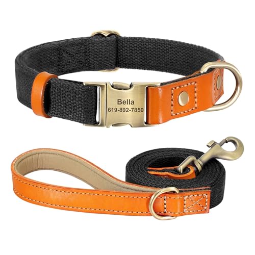 Personalisiertes Hundehalsband Echtleder Nylon Hundehalsband und Leine Set Langlebiges verstellbares ID-Halsband(Black Set,M) von HBJzxlOK