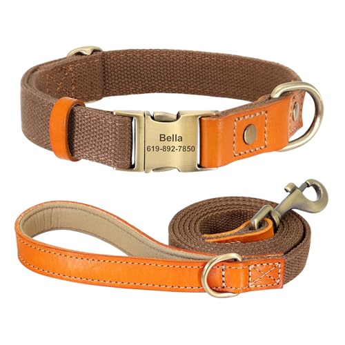 Personalisiertes Hundehalsband Echtleder Nylon Hundehalsband und Leine Set Langlebiges verstellbares ID-Halsband(Brown Set,L) von HBJzxlOK