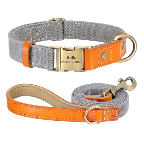 Personalisiertes Hundehalsband Echtleder Nylon Hundehalsband und Leine Set Langlebiges verstellbares ID-Halsband(Gray Set,S) von HBJzxlOK