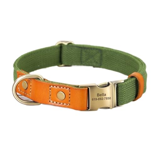 Personalisiertes Hundehalsband Echtleder Nylon Hundehalsband und Leine Set Langlebiges verstellbares ID-Halsband(Green Collar,M) von HBJzxlOK