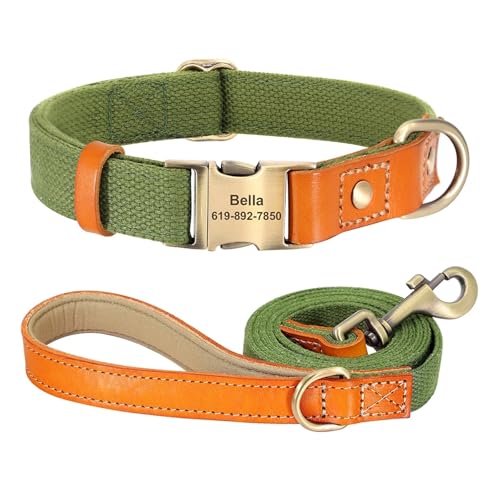 Personalisiertes Hundehalsband Echtleder Nylon Hundehalsband und Leine Set Langlebiges verstellbares ID-Halsband(Green Set,M) von HBJzxlOK