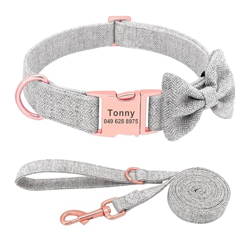 Personalisierte Hundehalsbänder Benutzerdefinierte Nylon-Hundehalsbänder Gravierte Namens-ID(Bownot Set Grey,S) von HBJzxlOK