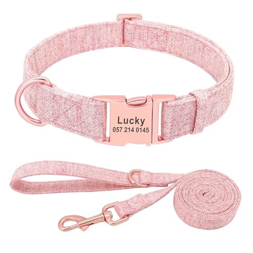 Personalisiertes Hundehalsband, benutzerdefiniertes Nylon-Hundehalsband, gravierter Name, ID, verstellbar(Pink Collar Leash,L) von HBJzxlOK