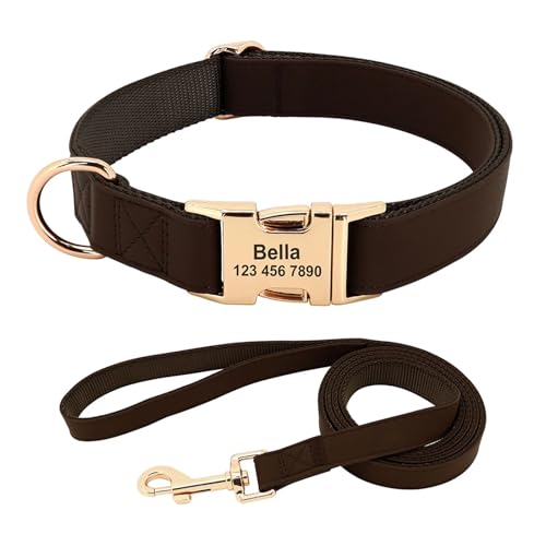 Personalisiertes Hundehalsband PU-Leder Haustierhalsband und Leine Set Halskette Personalisierter ID-Name(Brown Set,L) von HBJzxlOK