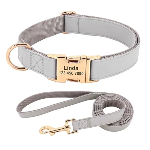Personalisiertes Hundehalsband PU-Leder Haustierhalsband und Leine Set Halskette Personalisierter ID-Name(Gray Set,L) von HBJzxlOK