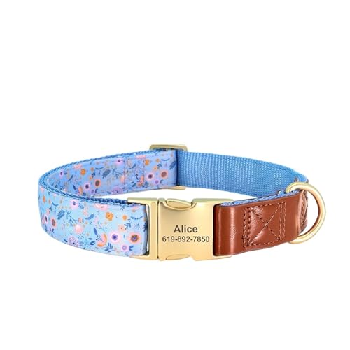 Personalisiertes Nylonhalsband mit Blumendruck, benutzerdefiniertes Haustier-ID-Namenshalsband aus Leder(Blue,M) von HBJzxlOK