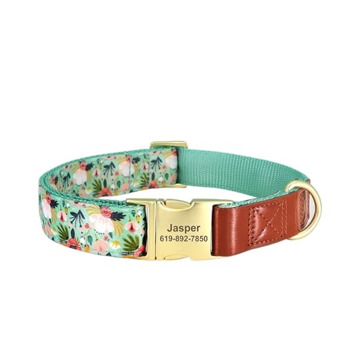 Personalisiertes Nylonhalsband mit Blumendruck, benutzerdefiniertes Haustier-ID-Namenshalsband aus Leder(Green 2,S) von HBJzxlOK
