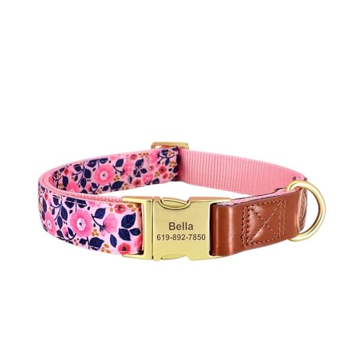 Personalisiertes Nylonhalsband mit Blumendruck, benutzerdefiniertes Haustier-ID-Namenshalsband aus Leder(Red 5,M) von HBJzxlOK