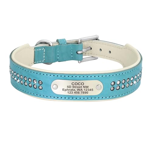 Personalisiertes Hundehalsband aus echtem Leder mit Kristalldiamanten, weiches Halsband, individuelle ID-Namen(Blue,XS) von HBJzxlOK