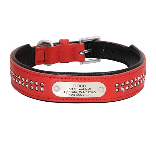 Personalisiertes Hundehalsband aus echtem Leder mit Kristalldiamanten, weiches Halsband, individuelle ID-Namen(Red 2,L) von HBJzxlOK