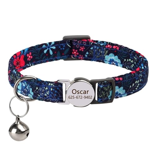 Personalisiertes Katzenhalsband für Welpen, Blumendruck, Sicherheitshalsband für Katzen, verstellbare Katzenkette mit eingravierter ID(Blue) von HBJzxlOK