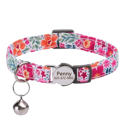 Personalisiertes Katzenhalsband für Welpen, Blumendruck, Sicherheitshalsband für Katzen, verstellbare Katzenkette mit eingravierter ID(Rose) von HBJzxlOK