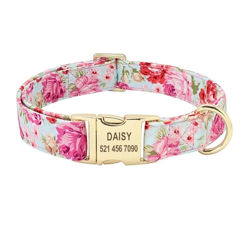 Personalisiertes Hundehalsband mit Blumenmuster, personalisiertes Hundehalsband mit Blumenmuster, Nylonhalsband mit Gravur für große Hunde(Baby Blue Flower,L) von HBJzxlOK