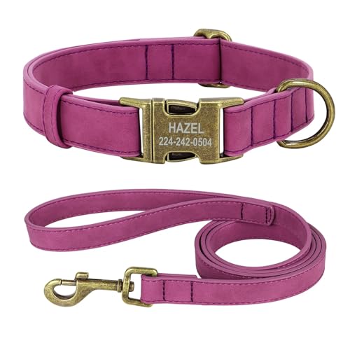 Personalisiertes Hundehalsband und Leine Set PU Leder Hundehalsband mit Leine individuell gravierte ID(Black 4,L) von HBJzxlOK