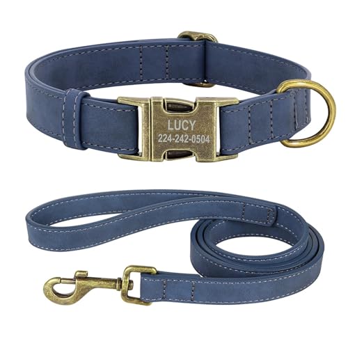 Personalisiertes Hundehalsband und Leine Set PU Leder Hundehalsband mit Leine individuell gravierte ID(Blue,L) von HBJzxlOK
