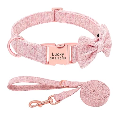 Personalisiertes Hundehalsband-Leine-Set, weiche Schleife, individuell gravierter Name, Nylon-Hundehalsband(Red 5,L) von HBJzxlOK
