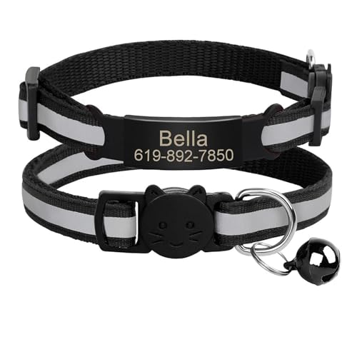 Personalisiertes Katzenhalsband mit ID-Gravur, reflektierendes Sicherheitshalsband mit Schnalle, verstellbar, benutzerdefiniertes Nylon(C-Black-Black) von HBJzxlOK