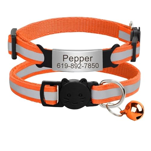 Personalisiertes Katzenhalsband mit ID-Gravur, reflektierendes Sicherheitshalsband mit Schnalle, verstellbar, benutzerdefiniertes Nylon(C-Orange-Silver) von HBJzxlOK