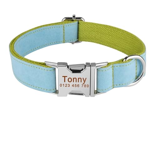 Verstellbares Hundehalsband mit personalisiertem Namen und Gravur, Nylon, für kleine, mittelgroße und große Hunde(Green Blue,S 26-40cm) von HBJzxlOK